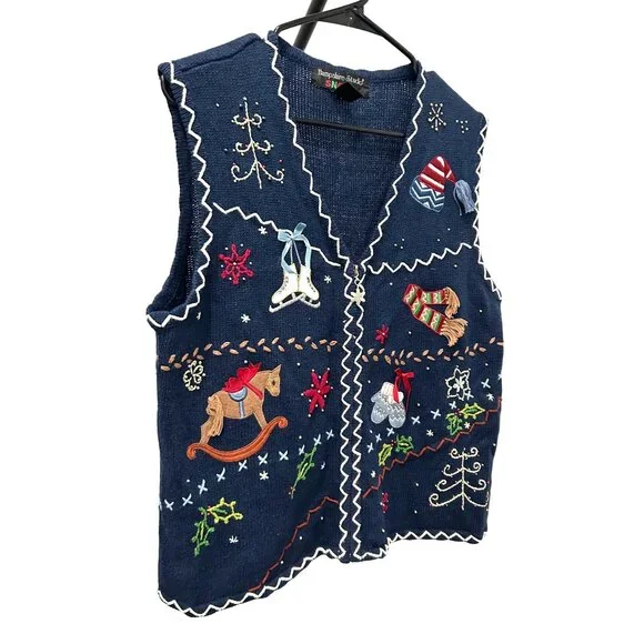 Hampshire Studio Snow Holiday Vest Navy Blue Festive Embroidery Sz L - Picture 3 of 8